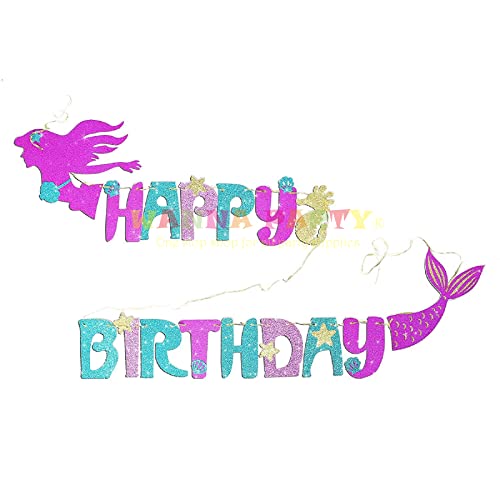 Image of WP WANNA PARTY Wanna Party Glitter Mermaid Birthday Banner Mermaid Party Supplies Favors Decoration Magical Under The Sea Birthday Party Pennant Garland for Girls, Kids and Baby, Blue