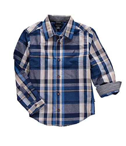Nautica Boys' Little Long Sleeve Woven Plaid Shirt, Spinner Blue, 14-16 #TOP1
