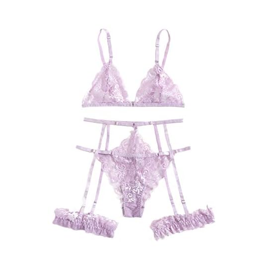 
                            WDIRARA Women's 3 Pieces Mesh Floral Lace Scalloped Trim Garter Lingerie Set
                        