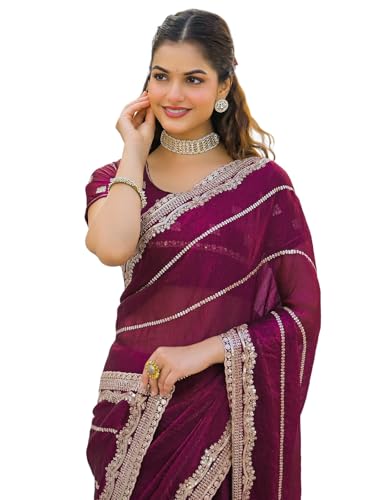 Image of Satrani Women's Shimmer Chiffon Scalloped Border Sequins Embroidery Saree with Unstitched Blouse Piece