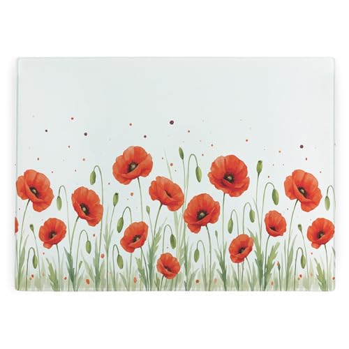 Large Summer Poppies Glass Worktop Protector - Smooth Kitchen Chopping Board with Non-Slip Feet 39cm x 28.5cm (15" x 11")