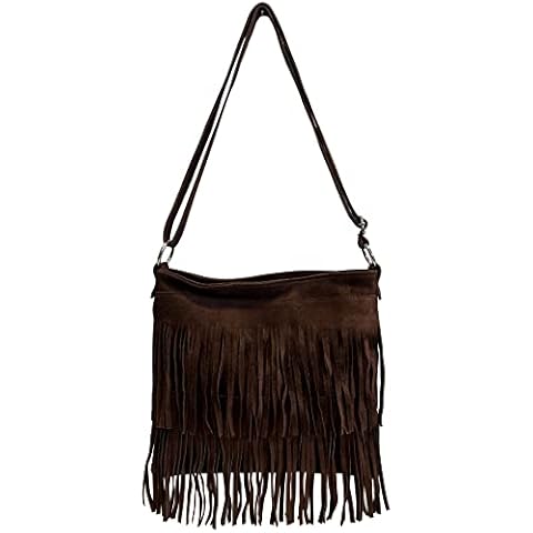 Modarno Shoulder bag with fringes in suede - women's shoulder bag in suede leather, dark brown (di moro), Medio Cover