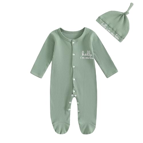 Image of ZAXARRA Newborn Baby Boy Fall Winter Outfit New Here Letter knit Footies Romper 0 3 6 Months Jumpsuit Cute Hat Infant Set