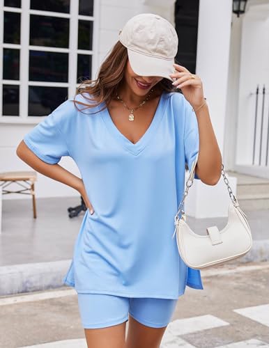 Image of Ekouaer Womens Pajamas 2 Piece Lounge Sets Oversized V Neck T-Shirts Tops Biker Shorts Set Workout Reversible Tracksuit S-XXL