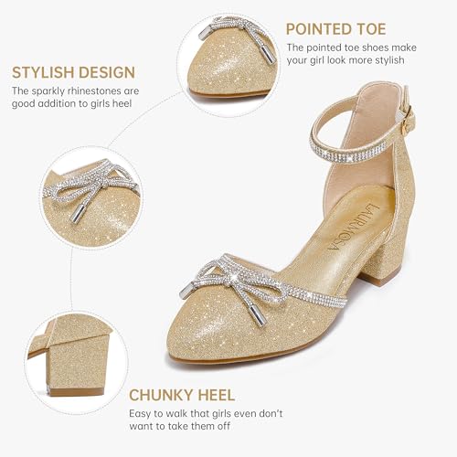 Image of LAURMOSA Girls Sandals Closed Toe High Heels Pointed Toe Ankle Strap Pumps Flower Girl Dressy Shoes in Wedding Party Cute Bowknot Chunky Block Heeled for Little Big Kids