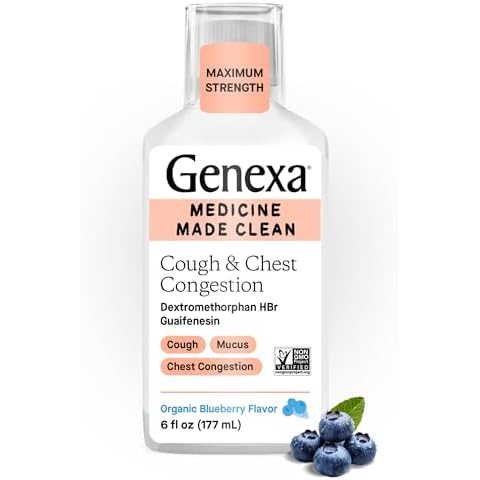 Genexa Clean Cough & Chest Congestion Relief, Dye Free, 0% Artificial Additives, Multi-Symptom Maximum Strength Relief Cough Syrup, Cough Suppressant & Expectorant, Organic Blueberry Flavor, 6 fl oz Cover