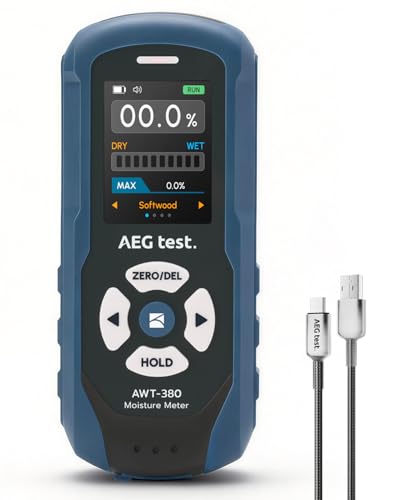 AEGTEST AWT 380 Medidor de Humedad recargable sin pines para madera, yeso y mampostería, medidor de humedad paredes con pantalla a color, alarma ajustable, registro de datos