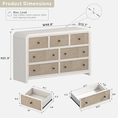 Image of Oak&Sparrow 7 Drawer Dresser for Bedroom, 49'' Rattan Dresser with Ample Storage, Boho Chest of Drawers, Thickened Curved Profile Design, Oak Dressers for Bedroom, Living Room