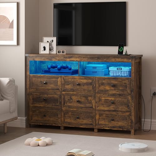 Image of Wodeer 9 Drawer Dresser for Bedroom with LED Lights, Charging Station, Wood Chest of Drawers with Metal Handles, Modern TV Stand & Storage Organizer for Living Room, Hallway, Brown