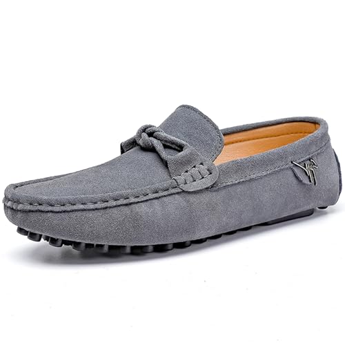 Men's Luxury Suede Driving Moccasins Leather Loafers with Bow Detail Black Rubber Sole Slip-on Comfort Walking Shoes