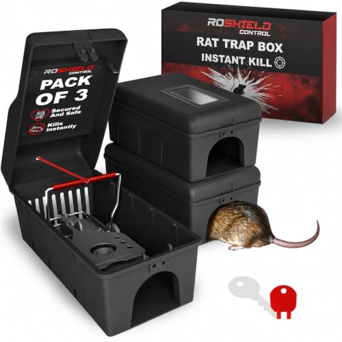 ROSHIELD 3X Rat Trap Killer Box with Inspection Window - Easy to Set Safety Box for Home Shed & Garage Control & Treatment (Professional Quality Pack of 3)