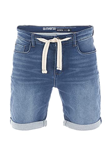 riverso Jeans Shorts Herren Stretch Kurz Kordelzug Regular Fit RIVPaul Kurze Hosen Bermuda Shorts Sommer Denim Einfarbig, Größe:W 33, Farbe:Middle Blue Denim (M48)