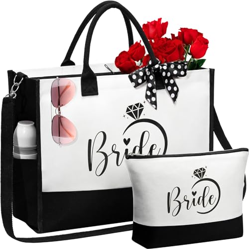 Image of MAYICIVO Bridal Shower Gifts for Bride, Bride to Be Gifts Wedding Engagement Bachelorette Party Gift for Brides Congratulation Honeymoon Gift Set - Canvas Beach Tote Bag & Makeup Bag