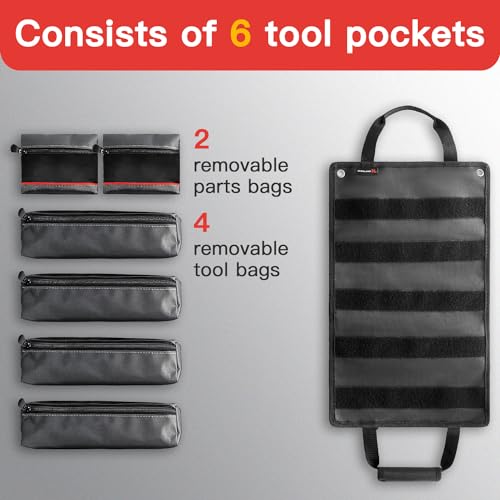 Tool Bag Roll Up, Heavy Duty Tool Organizer for Men Portable Tool Storage Box with 6 Detachable Zipper Pouch - Gifts for Dad Tool Roll Organizer Adjustable Shoulder Strap Black