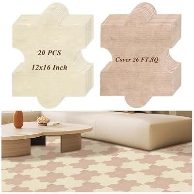 LOPYXBR 20 PCS 12" X 12" Peel and Stick Puzzle Carpet Squares Coffee and White Plush Foam Interlocking Carpet Tiles 12" x 12" Self Adhesive Puzzle Carpets Tiles for Floor Kitchen, Coverage 26 Sq. Ft