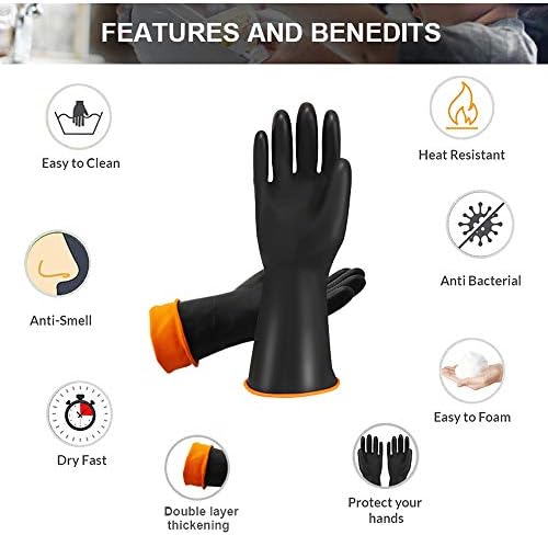 Linghuang Chemical Resistant Industrial Rubber Protective Gauntlets Gloves Resist Strong Acid 17.7inch,M Size,Black with Orange Lining (2 Pairs)