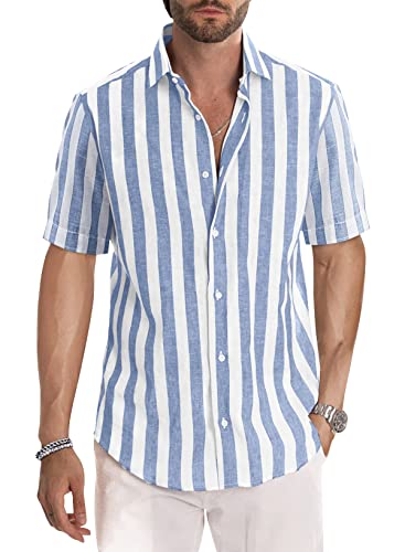 JMIERR Men's Summer Casual Stylish Short Sleeve Button-Down Shirts Cotton Linen Vertical Striped Business Dress Shirts Beach Shirt, L, Sky Blue