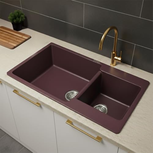 Image of EVANEX Quartz Kitchen Sink|Double Bowl Sink for Kitchen|Topmount /Undermount Kitchen Sinks|Brown Double Sink with Connector, Waste Pipe, Coupling and Drain Basket|34x20x9 Granite Kitchen Sinks