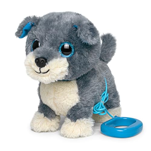 YH YUHUNG Perro Schnauzer Gris de Juguete con Correa, Cachorro Interactivo Que Camina, Ladra y Mueve la Cola, Peluche Robot para Niños (Gris/Azul)