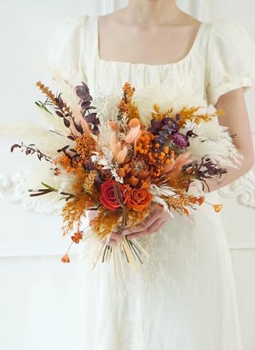 Bouquet rústico boho beige y naranja para boda miniatura 6