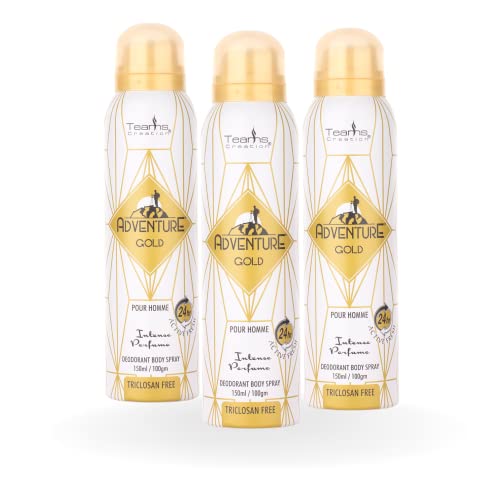 Adventure Gold Perfume Body Spray | Triclosan-Free | Pour Homme | 150ml Each | Pack of 3 | No Gas Deodorant for Men & Women