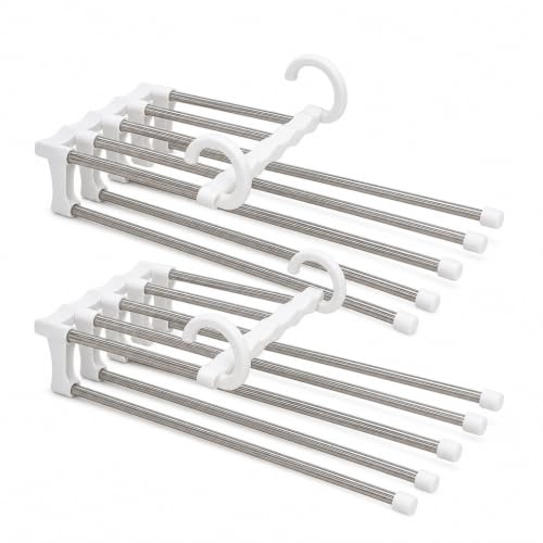 Kit 2 Cabide Multifuncional para Calças Aço Inox Reforçado 5 Divisórias Retrátil Branco ou Preto