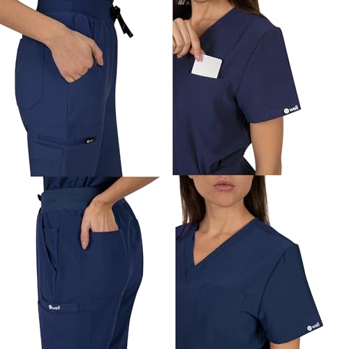B-well Bella Damen-Schrubb-Set Schlupfkasack + Schlupfhose Set Medizin Arzt Uniform Schlupfjacke Oberteil mit Hose Medizinische Berufsbekleidung mit Elastan (Dunkelblau, L) – Bild 6