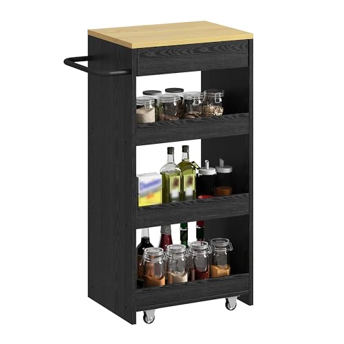 IRONCK Wood Storage Cart 15.8' W, 4 Tier Rolling Kitchen Cart on Wheels, Slide Out Utility Cart, Organizer Trolley with Handle, Drawer for Kitchen, Laundry, Bathroom, Black