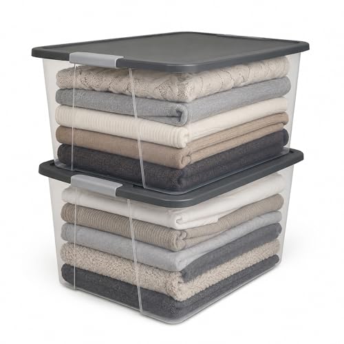 HOMZ 2-Pack Secure Latch, Clear Plastic Storage Organizer Bins, 64 Quart, Gray Lid - Heavy-Duty...
