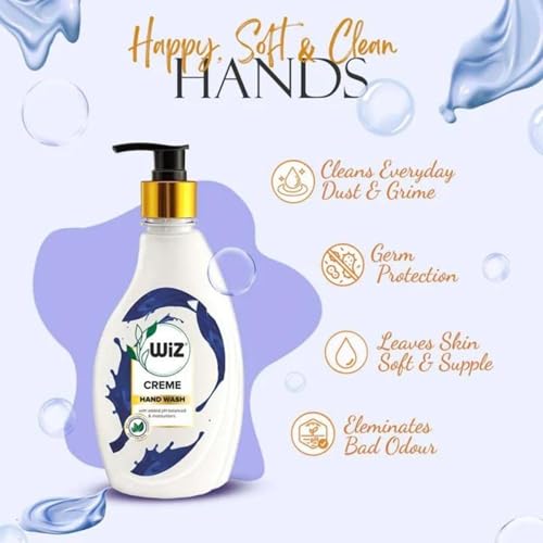 Image of Wiz Creme Handwash Liquid Soap Dispenser Bottle - 450ml (Pack of 4)| Germ Protection | Hand Wash with Added pH-Balanced & Moisturizers for Soft & Gentle Hands | Suitable for all Skin Types