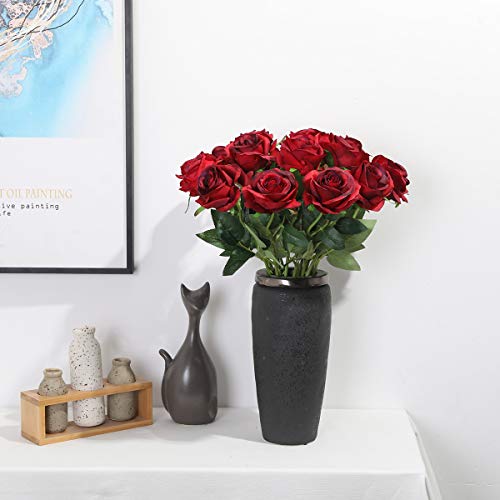 Image of Tifuly Artificial Roses 40cm Single Long Stem Rayon Bridal Bouquet Realistic Flower for Home Garden Party Hotel Office Decoration (Flowering Roses Burgundy)