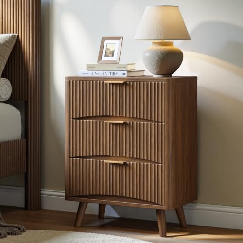 Image of Evermagin 29 inch Tall Fluted Nightstand Set of 2 with 3 Drawers | Walnut Night Stand, Wooden Bedside Table, Mid Century Modern Side Table for Bedroom, livingroom