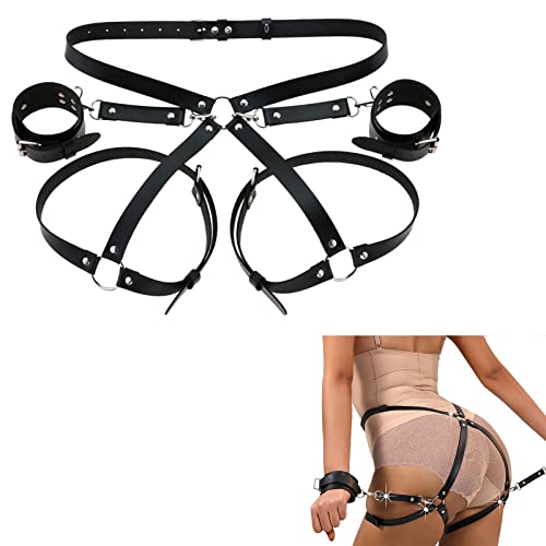 BDSMYOU Punk Harness Damen Leder Fesseln Sex Set mit Handschellen,Gothic Kleidung Damen Bondage Set mit Strumpfband Gürtel,Sexy Dessous Damen für Sex,Sexy Unterwäsche BDSM Spielzeug für Paare