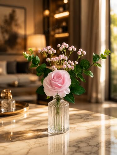 Image of Divyakosh Artificial Pink Rose Flower Bunch with Glass VASE (1 Big Rose + Baby Breath) | Realistic Faux Floral Bouquet with Green Leaves & Baby Breath | Home Decor for Living Room, Bedroom, Office