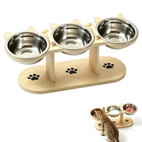 3-in-1 Katzennapf Erhöht, Katze Futternapf Wassernapf Set, 3er Set Futterstation Katzen 3 Edelstahl Näpfe mit Holz Ständer Höhe Verstellbar Ergonomischer Fressnapf für Hunde Kleine Welpen