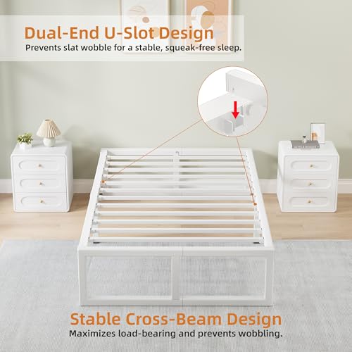 Image of 14 Inch Metal Twin Bed Frames with Stable Steel Support, Noise-Free | Easy Assembly, Underbed Storage, U-Shaped Groove, 6 Mattress Baffles, No Box Spring Needed, Rubber Pads, Squeak Free, White