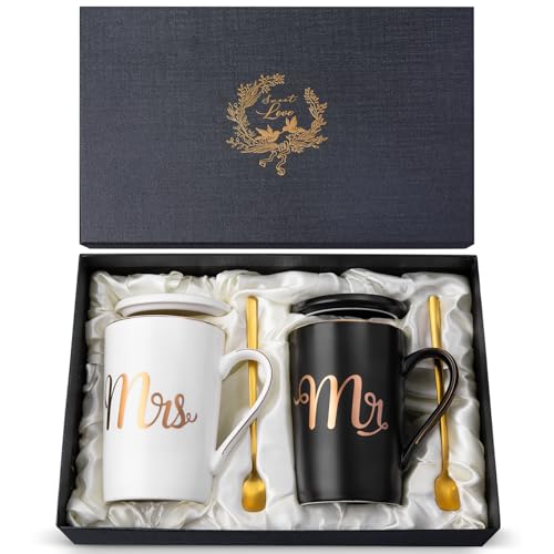 Biching Wedding Gifts for Couples 2026, Gifts for Bridal Shower Engagement Bride and Groom Anniversary, 14oz Ceramic Marble Mr and Mrs Mugs Set with Real Gold Foil, Greeting Card, Luxury Gift Box