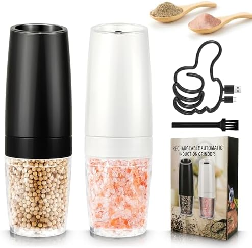 Gravity Electric Salt and Pepper Grinder Set of 2，Automatic pepper mill,USB rechargeable,Adjustable Coarseness,One-handed operation,ceramic burr,refillable,Auto grinders with LED light