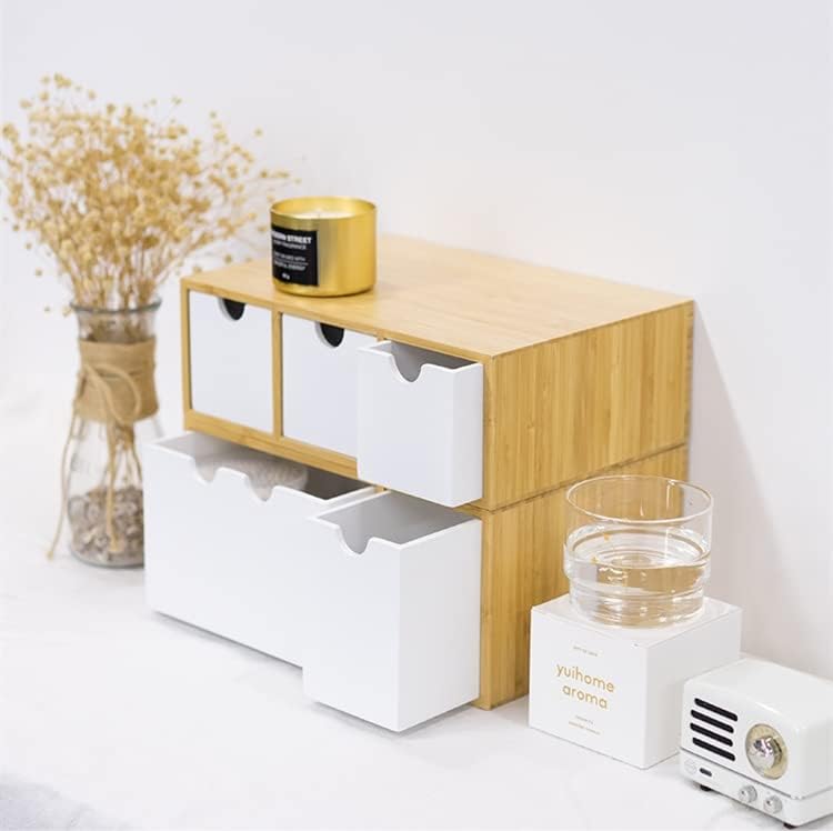 Bamboo Wood Desktop Storage Box with Double Drawers for Office and Dormitory Use/White/Three Drawers