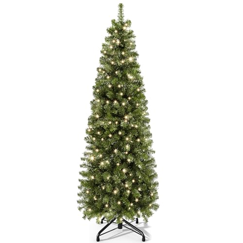 YITAHOME Pre-Lit Artificial Pencil Christmas Tree, Fraser Fir, Slim Green Christmas Tree with 1000 Branch Tips and 350 Lights（7.5 FT）