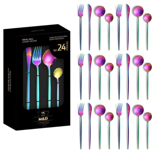 Image of Rainbow Silverware Set | Satin Finish French Style 24-Piece Stainless Steel Flatware Set with Giftable Box | Dishwasher Safe Tableware for Home, Restaurant & Corporate Gifting