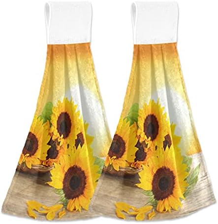 Giwawa 2 Pieces Sunrise Sunflowers Hand Towel Yellow Sunflower Hanging Towels Sunflower Floral Dish Towels Soft Fast Drying Sunflower Towels for Kitchen Bathroom Toilet Home Decorative 12x17in