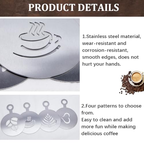 GORGECRAFT 4 Styles Coffee Latte Decorating Stencils Stainless Steel Chocolate Heart Leaf Metal Cookie Cocktail Stencils Barista Cappuccino Tools Foam Art Templates for Cup Cake Birthday Cake