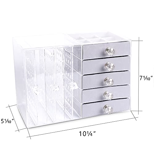 Frebeauty Acrylic Jewelry Box Clear Earring Organizer Storage Boxes,Necklace Hanging With 5 Removable Velvet Drawers Large Jewelry Display Case For Stud Rings Bracelets For Gift,(Grey) #TOP1