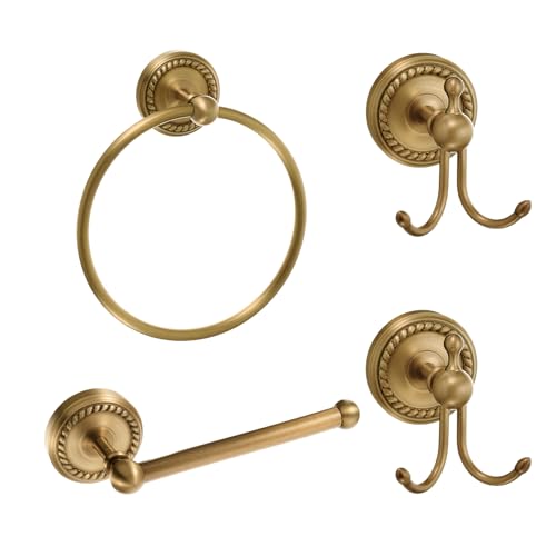 Otoolling 4 Pcs Antique Brass Gold Bathroom Accessories Set, Towel Ring, Toilet Paper Holder & Robe Hooks, Wall Mounted Brushed Solid Brass with Vintage Finish for Bathroom Decor Hardware Fixture Set