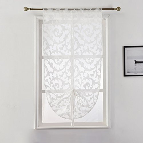 Napearl Tie Up Curtains, Jacquard Balloon Curtains For Kitchen Window, Ajustable Rod Pocket Sheer Curtain Valance For Bathroom Small Window, 1 Panel ( 32W X 47L, White ) #TOP30