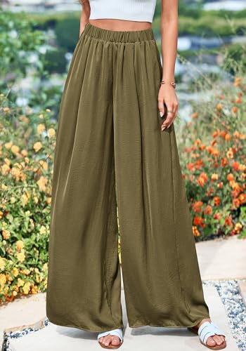 KIRUNDO Flowy Pants for Women Summer 2026 Wide Leg Palazzo Pants Elastic Waist Lounge Trousers Pockets Beach Vacation Outfits(Army Green, Large) — view 2