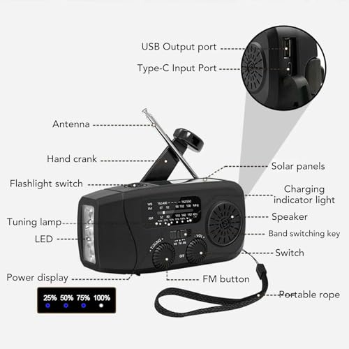 Notfallwetter Radio Solar Handkurbel mit 2000mAh Batterie, AM/FM/WB -Empfänger, Tragbares IPX3 -Radio für Camping Im Freien – Bild 4