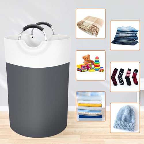 Image of BlissTotes 75L Laundry Basket, Freestanding Collapsible Hamper, Gray | Collapsible Dirty Clothes Hamper, Foldable Laundry Bag for Dorm, Waterproof Fabric, Padded Aluminum Handles