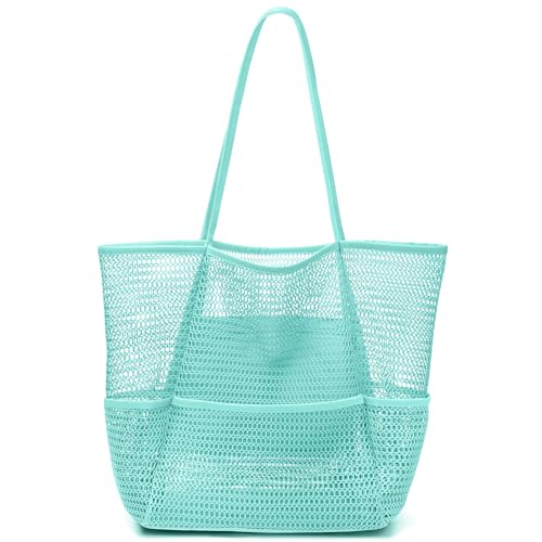 KPX Beach Bag with Mini Pocket, Beach Tote Bags for Women Large Foldable Mesh Swimming Pool Travel Bags - Sandproof Blue
